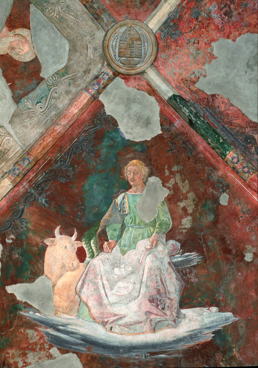 Szent Lukács. Piero della Francescának (1410 / 1420-1492) tulajdonított freskó részlete. San Michele kápolna. Santa Maria Maggiore-bazilika (Szent Mária Major), Róma. alkotó: Piero della Francesca