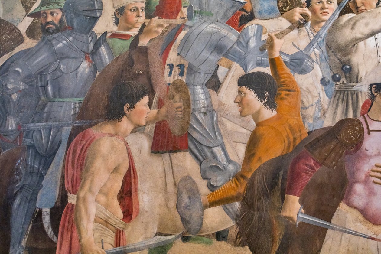 Hérakleiosz és Chosroes csatája, részlet az Igaz Kereszt történeteiből: csata emberekkel, kardokkal és páncélokkal (freskó) alkotó: Piero della Francesca