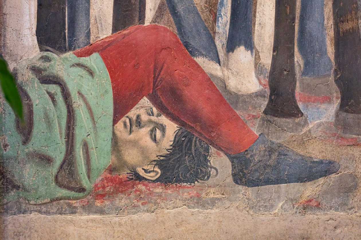 Hérakleiosz és Chosroes csatája, részlet az Igaz Kereszt történeteiből: megölt ember (freskó) alkotó: Piero della Francesca