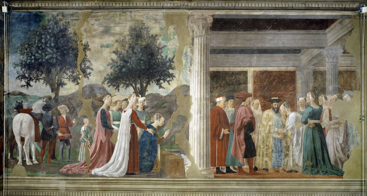 Az igaz kereszt legendája, a Szent Erdő imádatának, valamint Salamon és Sába királynőjének találkozásának részlete alkotó: Piero della Francesca