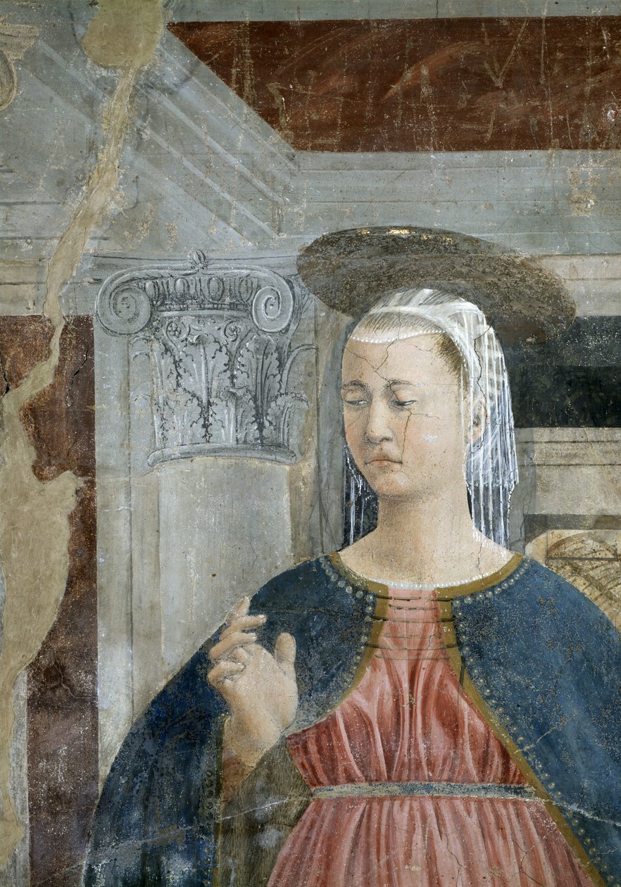 Az igaz kereszt legendája, az Angyali üdvözlet, a Szűz részlete, elkészült 1464 freskórészlet az 58292-ből alkotó: Piero della Francesca