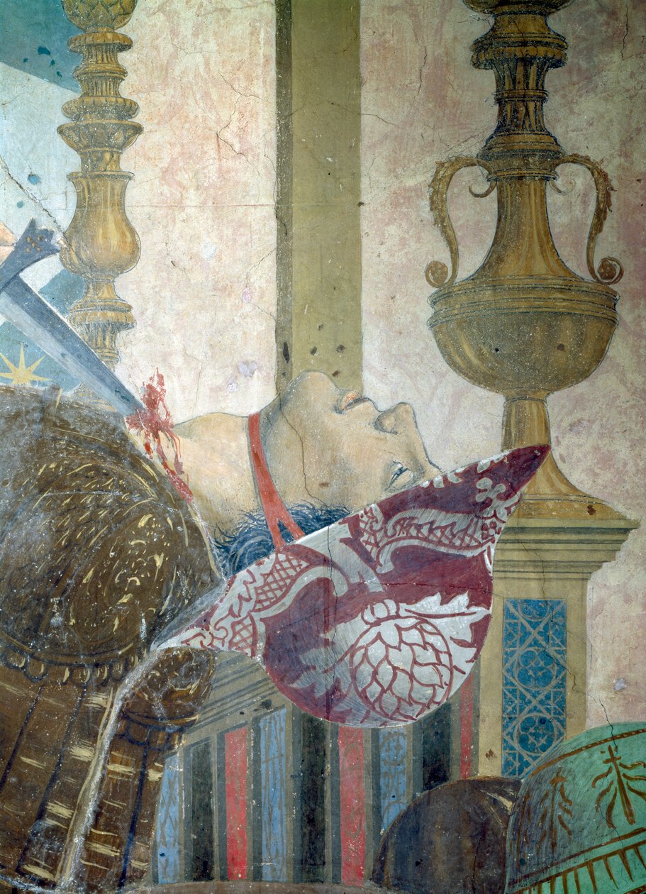 Az igaz kereszt legendája, a Hérakleiosz és Chosroes-csata, részlet egy férfiról, akinek elvágták a torkát, elkészült 1464-es freskó alkotó: Piero della Francesca