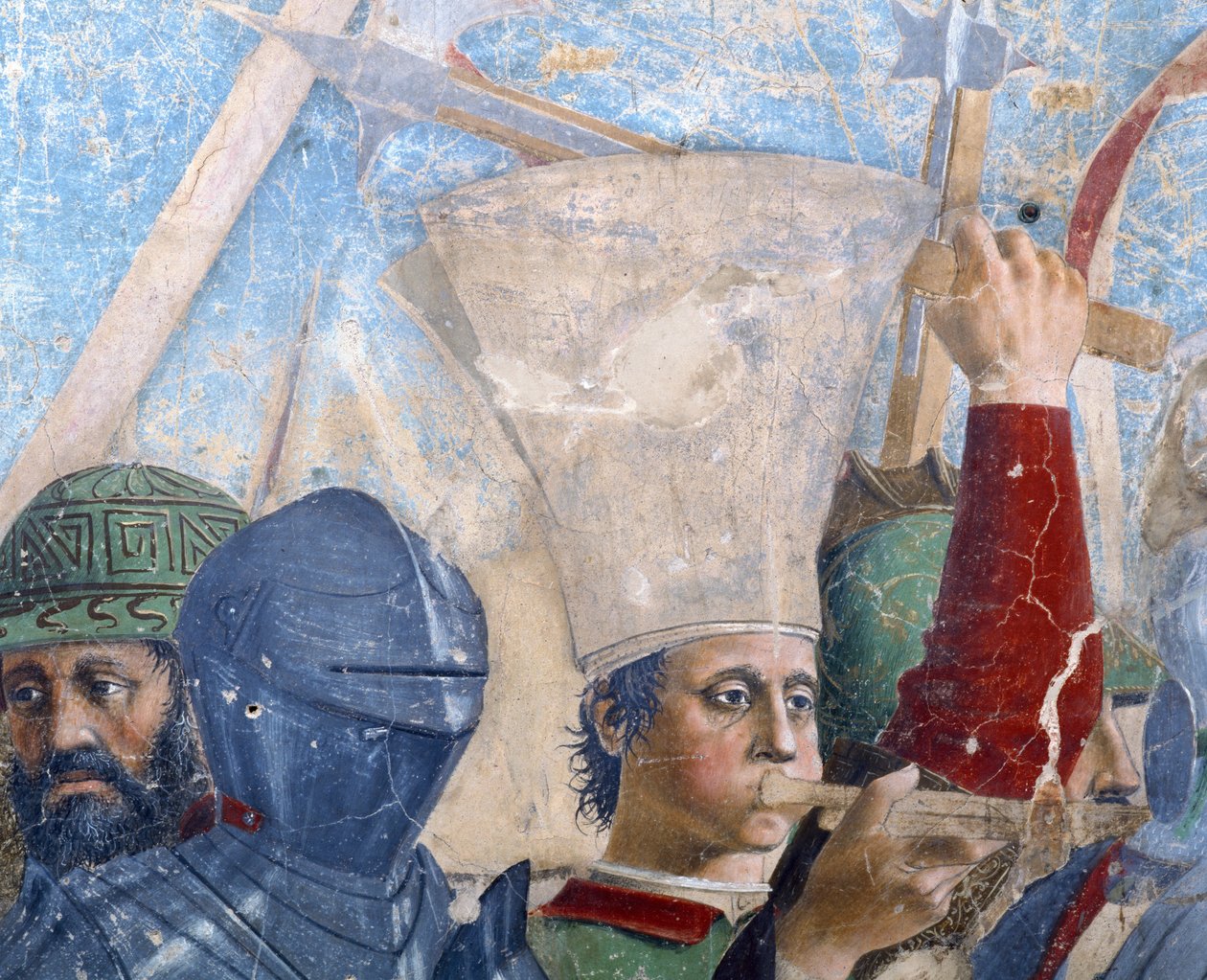 Az igaz kereszt legendája, Hérakleiosz és Chosroes csatája, egy trombitás részlete, elkészült 1464-es freskó alkotó: Piero della Francesca
