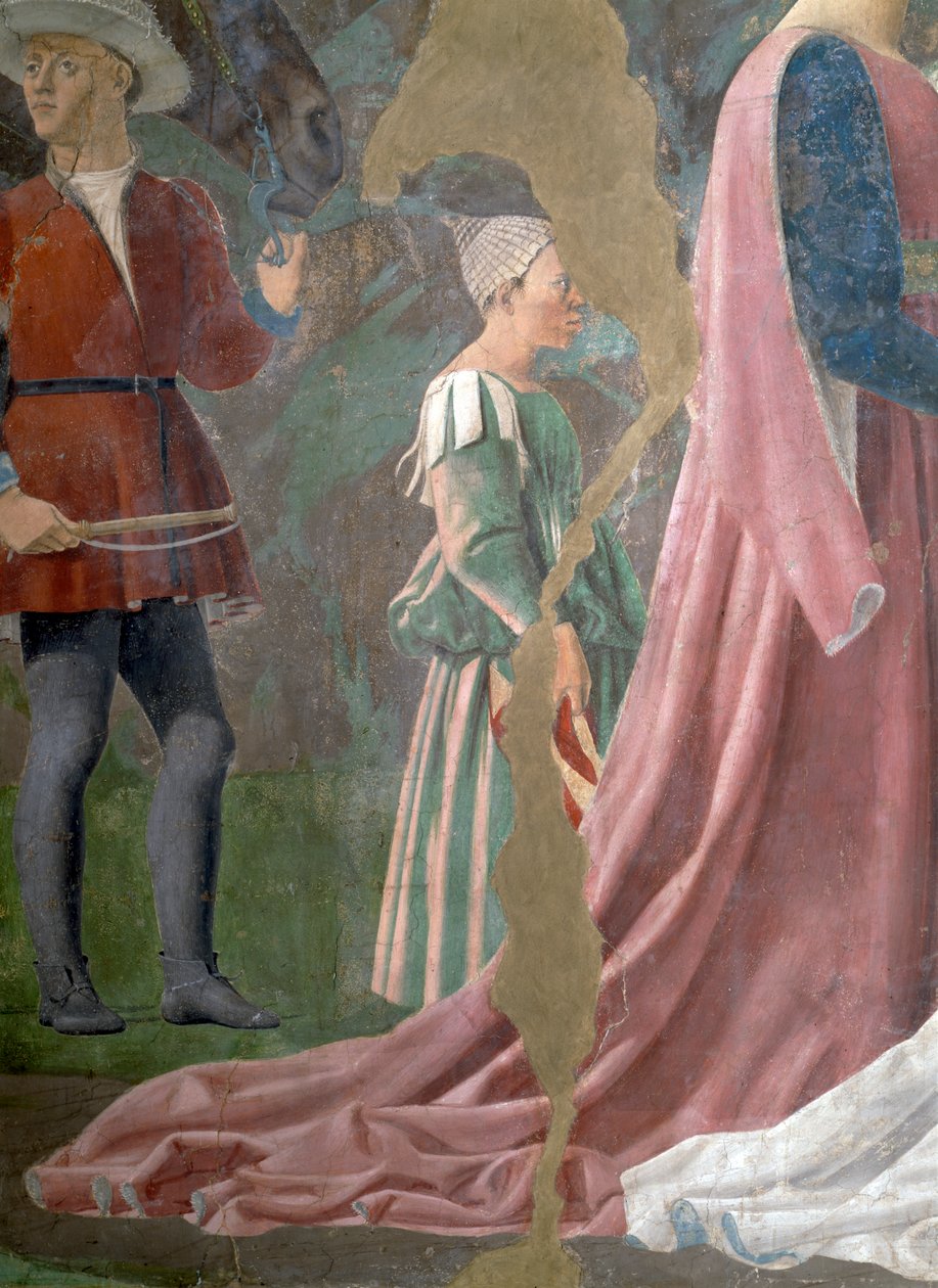 Az igaz kereszt legendája, Sába királynője, aki a keresztfát imádja, egy kísérő részlete, elkészült 1464-es freskó alkotó: Piero della Francesca