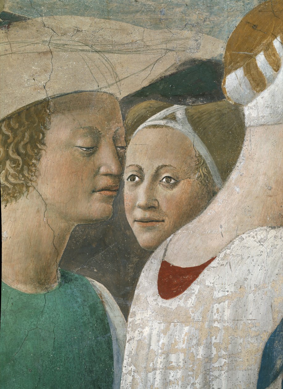 Az igaz kereszt legendája, Sába királynője, aki a keresztfát imádja, két kísérő részlete, elkészült 1464-es freskó alkotó: Piero della Francesca