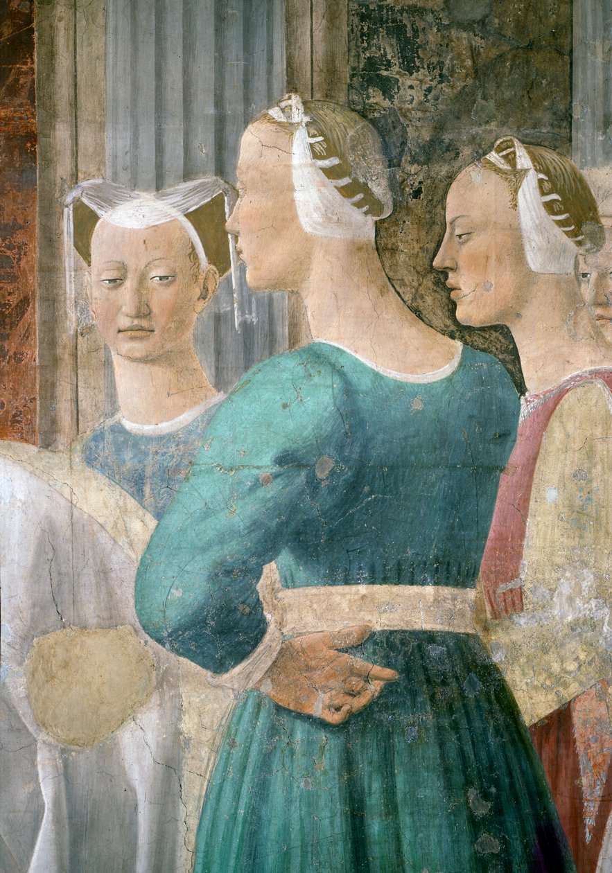 Az igaz kereszt legendája, Sába királynője, aki a keresztfát imádja, három női kísérő részlete, elkészült 1464-es freskó alkotó: Piero della Francesca