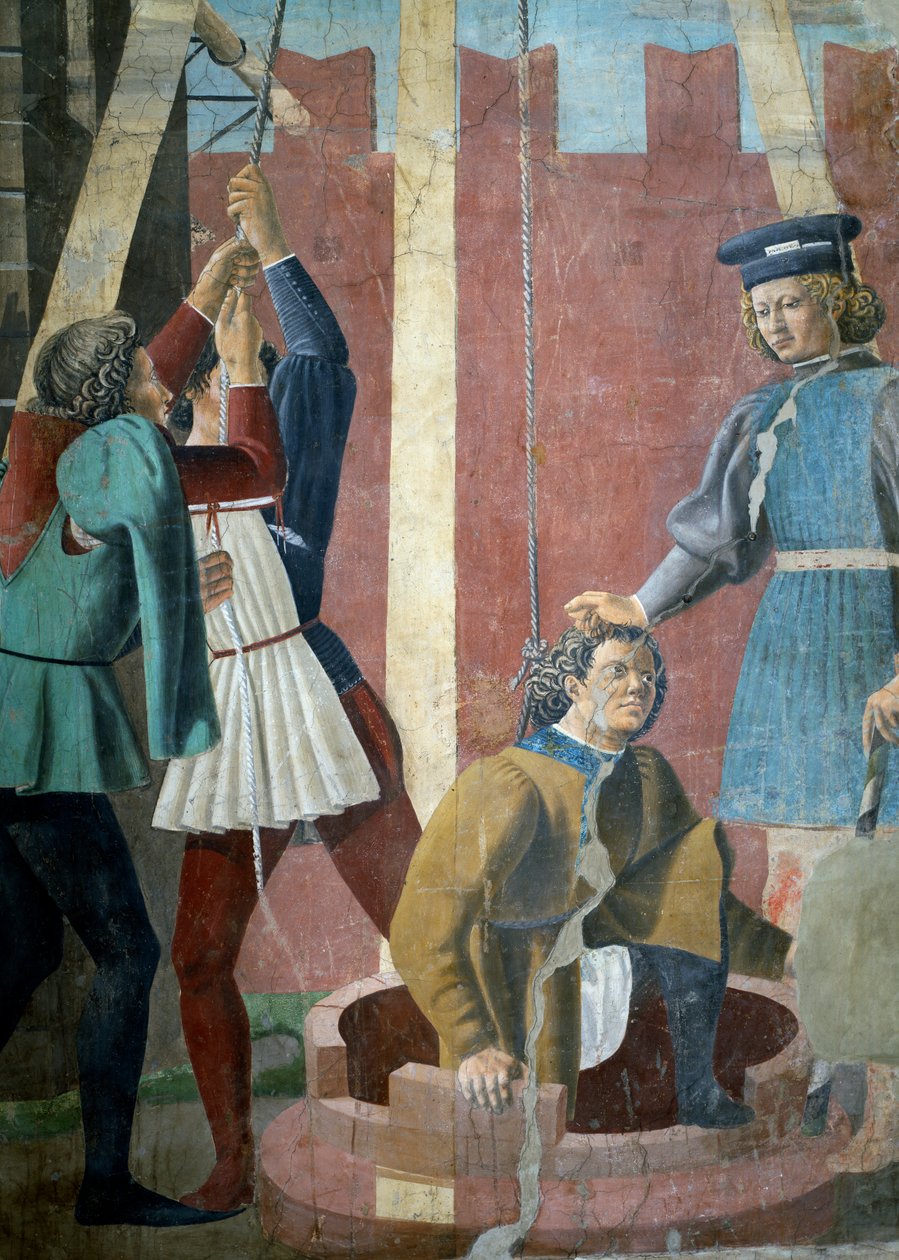 Az igaz kereszt legendája, a zsidó kínzása, Júdás kútból való kirajzolásának részlete, elkészült 1464 freskórészlet 58293 lásd még 116372 alkotó: Piero della Francesca
