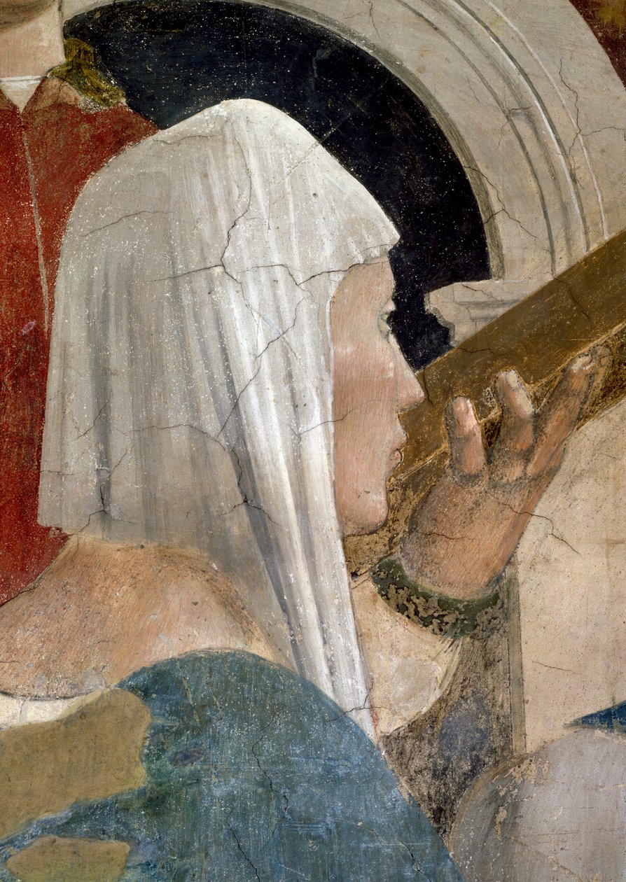 Az igaz kereszt legendája, a kereszt hitelesítése, Sába királynője keresztet csókoló részlete, elkészült 1464-es freskó alkotó: Piero della Francesca
