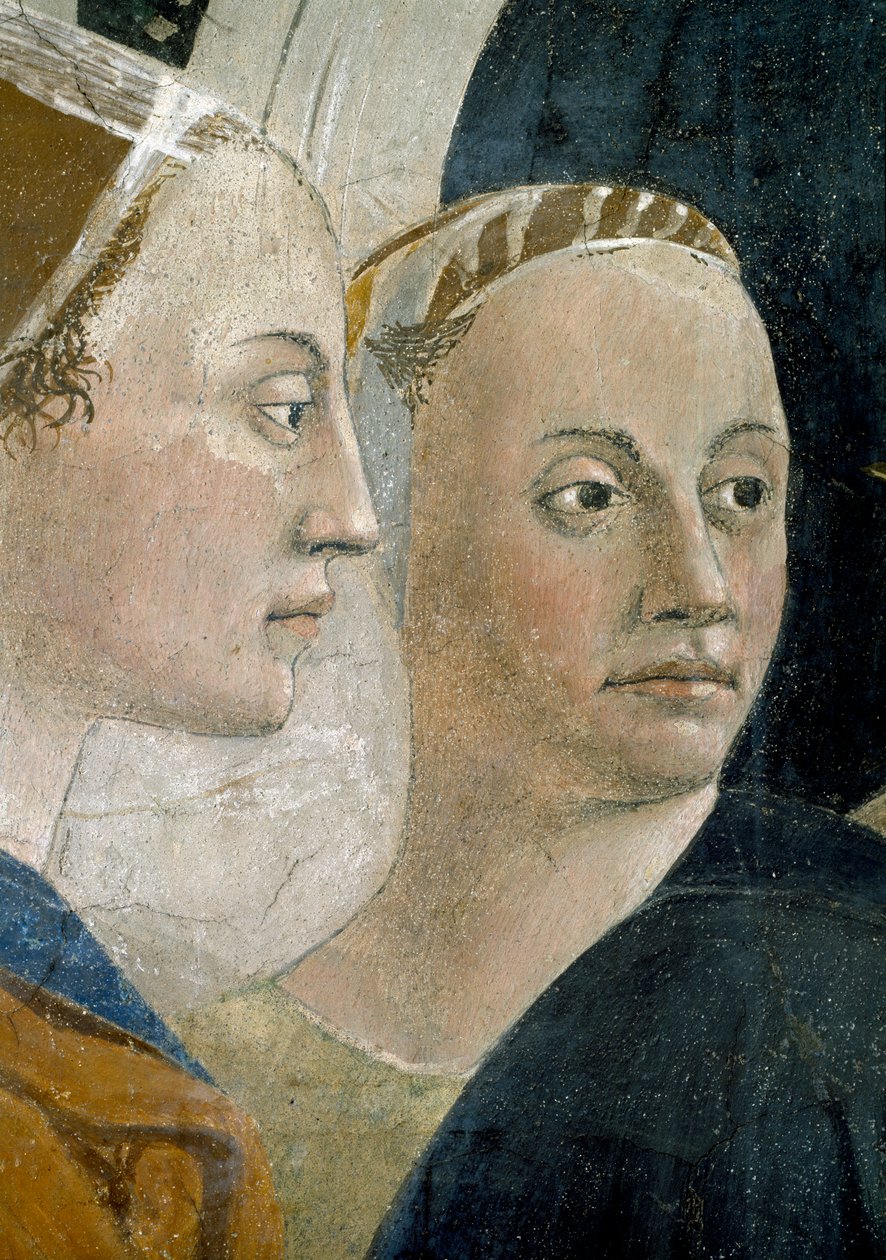 Az igaz kereszt legendája, az igazi kereszt hitelesítése, a kísérők részlete, elkészült 1464 freskó alkotó: Piero della Francesca