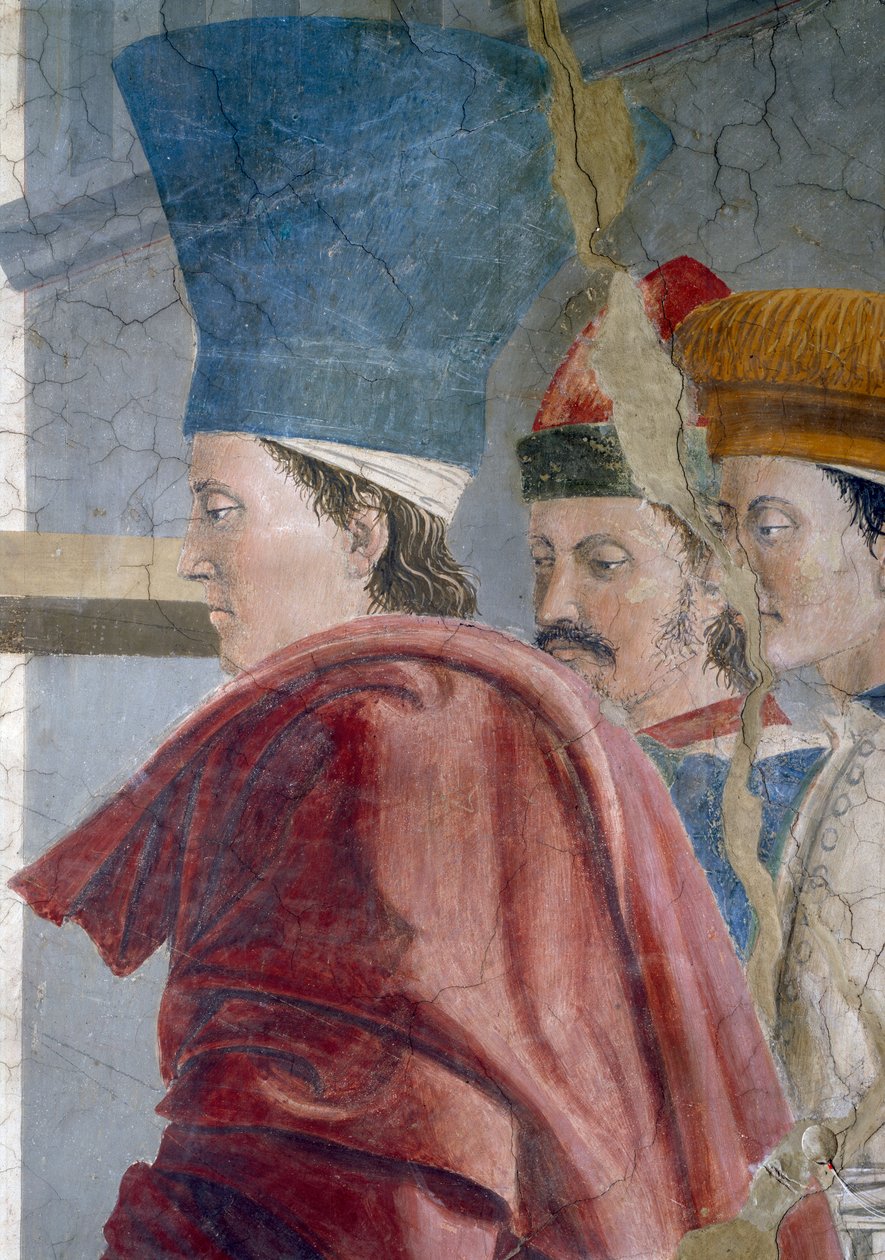 Az igazi kereszt legendája, az igazi kereszt hitelesítése, három férfi kísérő részlete, elkészült 1464 freskó alkotó: Piero della Francesca