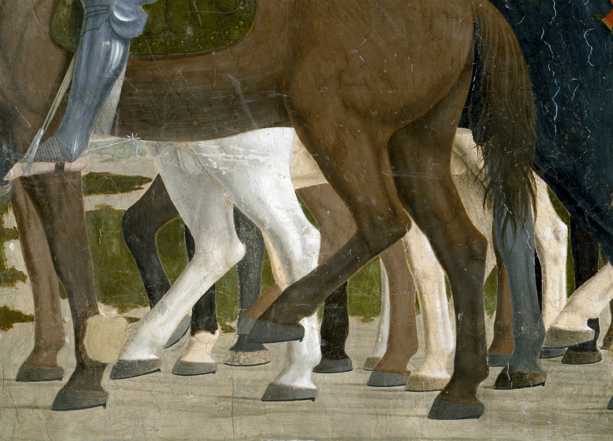 Az igaz kereszt legendája, Konstantin győzelme a Milvius-hídi csatában, részlet a lovak lábáról, elkészült 1464-es freskó alkotó: Piero della Francesca