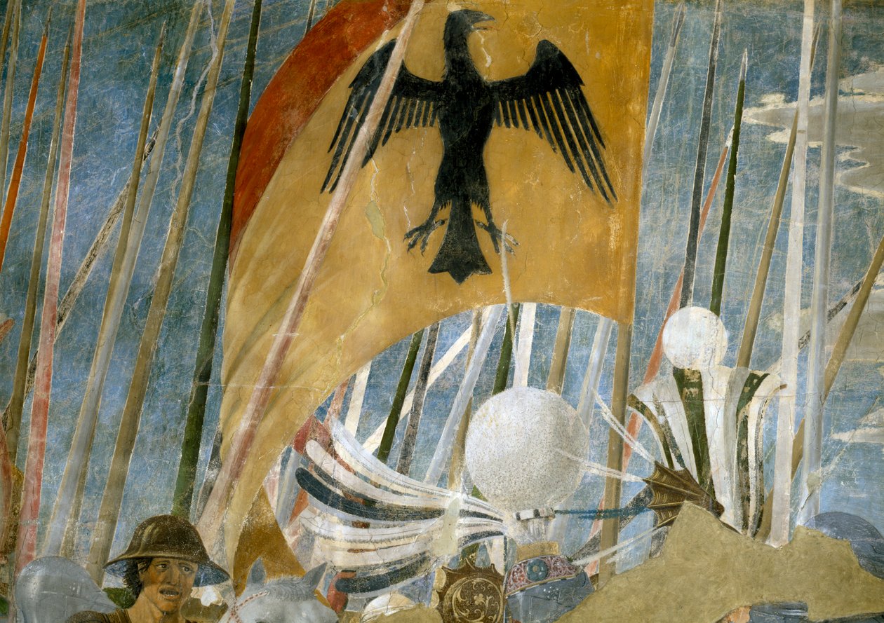 Az igaz kereszt legendája, Konstantin győzelme a Milvian-hídi csatában, zászlórészlet, elkészült 1464-es freskó alkotó: Piero della Francesca