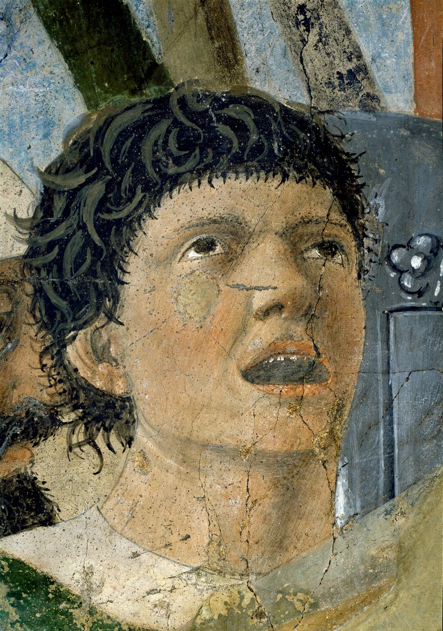 Az igaz kereszt legendája, Konstantin győzelme a Milvius-hídi csatában, egy kiabáló férfi részlete, elkészült 1464-es freskó alkotó: Piero della Francesca