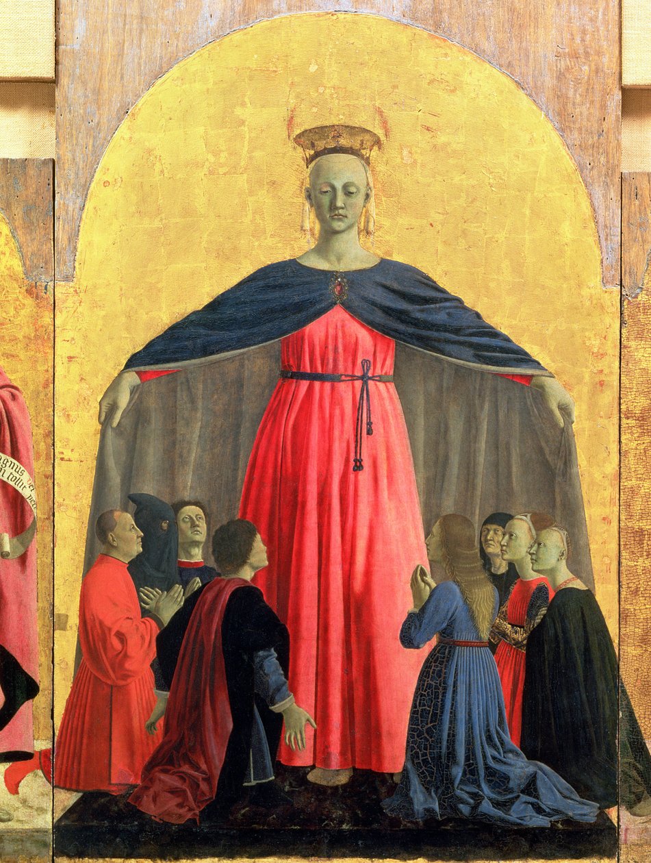 Az Irgalmas Madonna, a Misericordia oltárkép központi táblája, 1445-ös tempera a 95884-es táblarészleten alkotó: Piero della Francesca