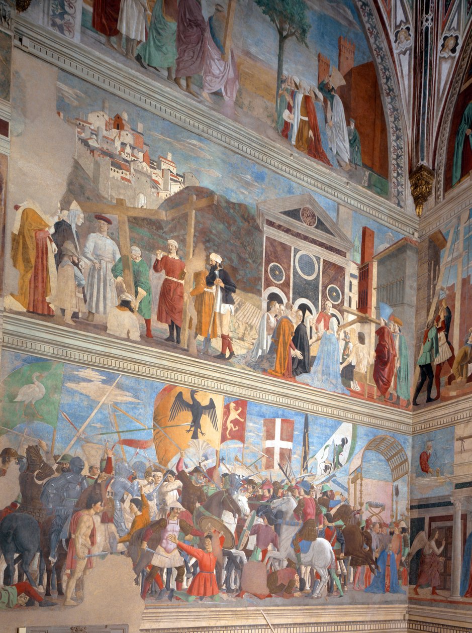 Az igazi kereszt igazolása, Hérakleiosz győzelme és Chosroes kivégzése i.sz. 628-ban, a Legend of the True Cross ciklusból, 1464-ben befejeződött (a helyreállítás után) alkotó: Piero della Francesca
