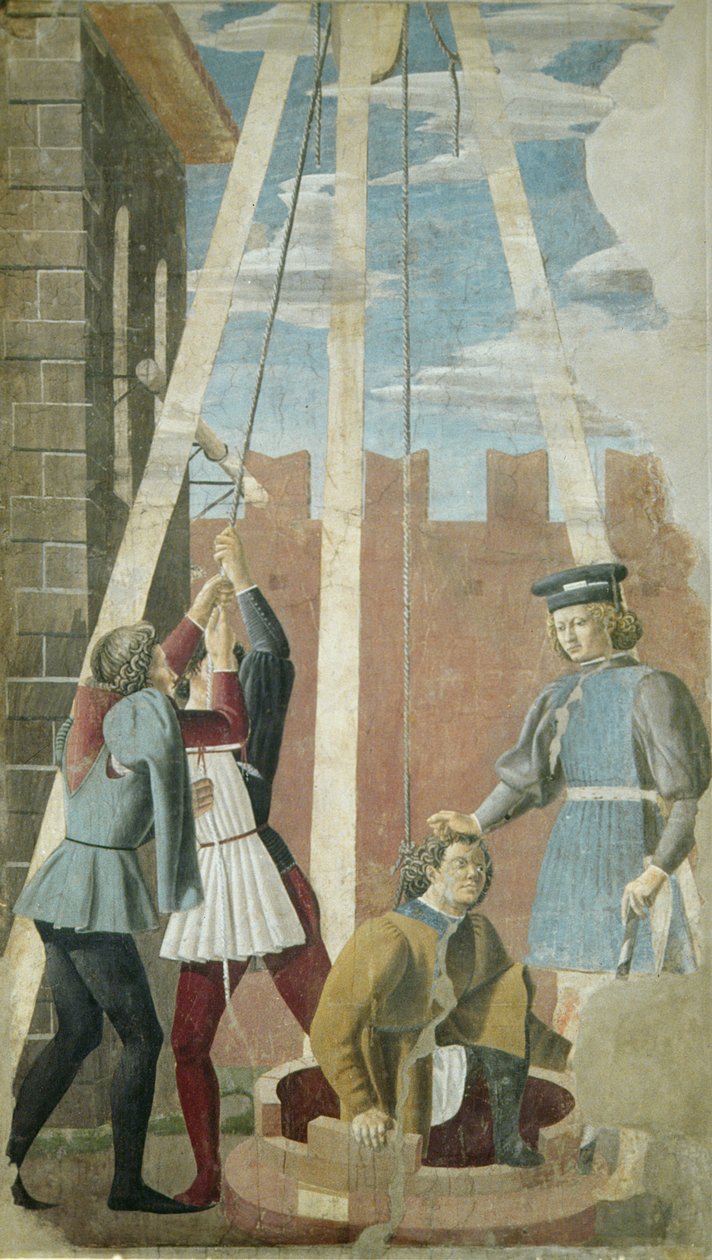 Zsidó kínzása: Júdás a kútból, az igazi kereszt ciklusból, 1464 (freskó) alkotó: Piero della Francesca