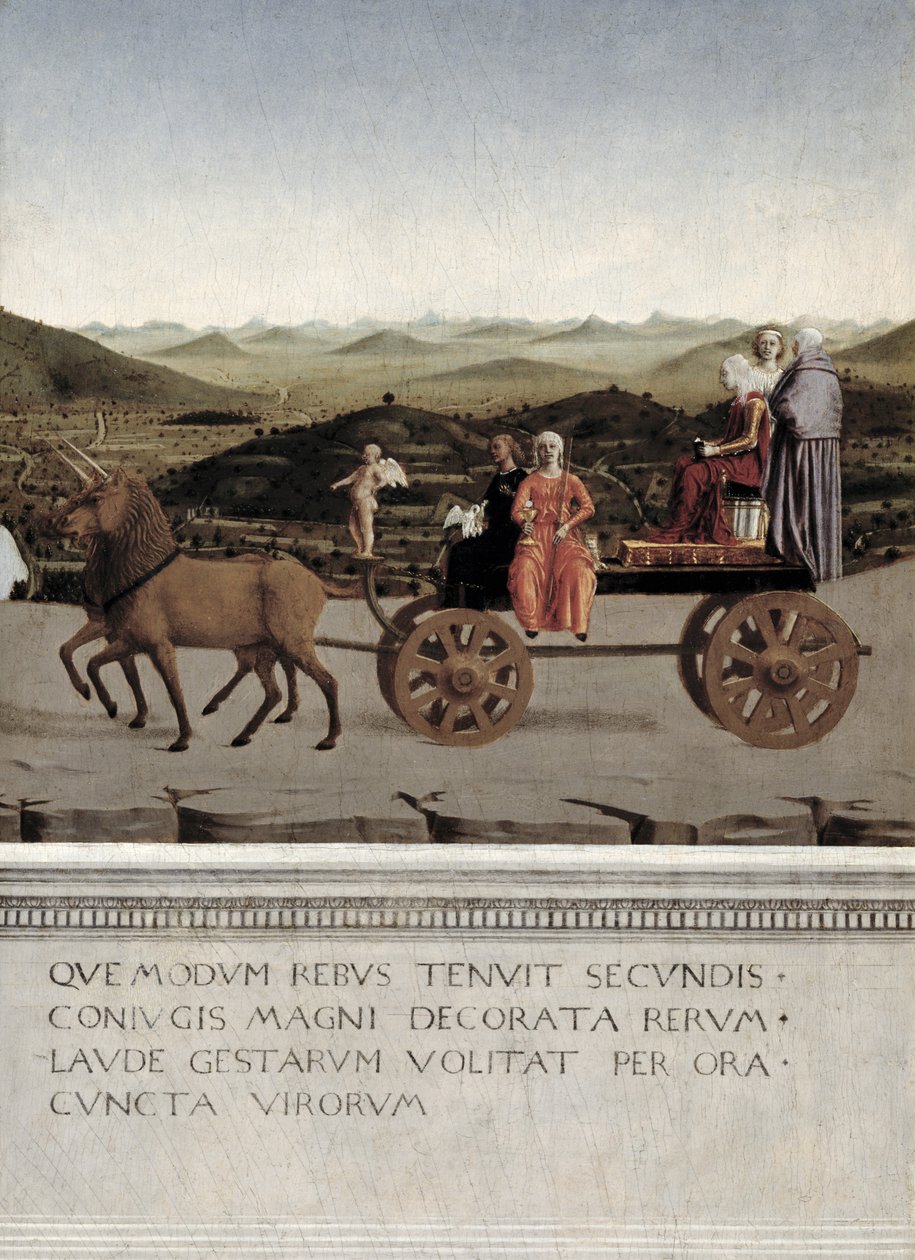 Battista Sforza, Urbino hercegnő diadala. Battistát és szolgálólányát, két teológiai erényt és egy apácát két barna egyszarvú vonzza diadalmas autóba 1472 után (tempera a panelen) (részletek alkotó: Piero della Francesca
