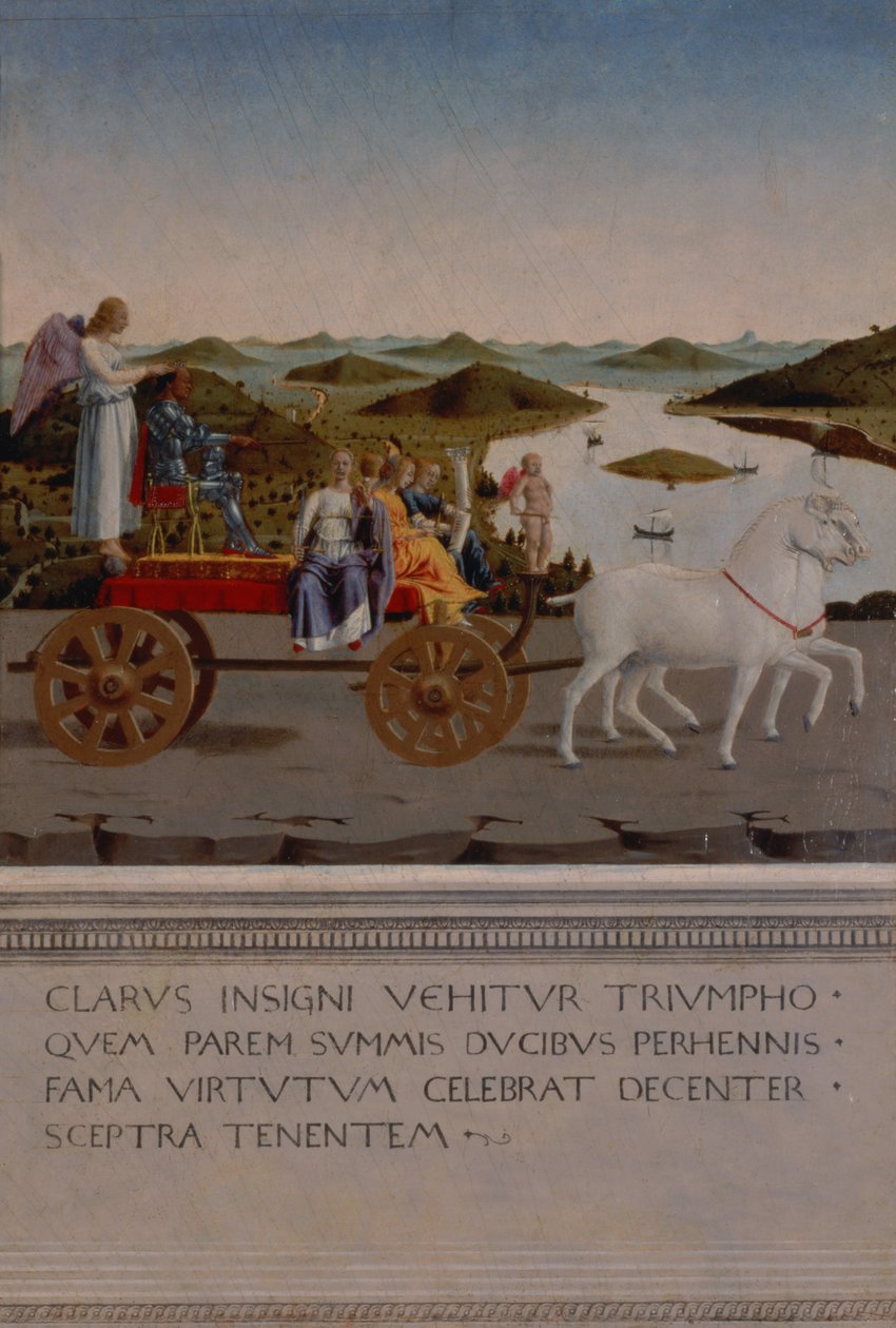 Federigo da Montefeltro, Urbino hercegének diadala; Federigo és a négy bíborosi erény egy diadalmas autóban, amelyet fehér egyszarvúak rajzoltak, a szárnyas Victory a hercegi koronét tartja, 1474 után festve (serpenyő alkotó: Piero della Francesca