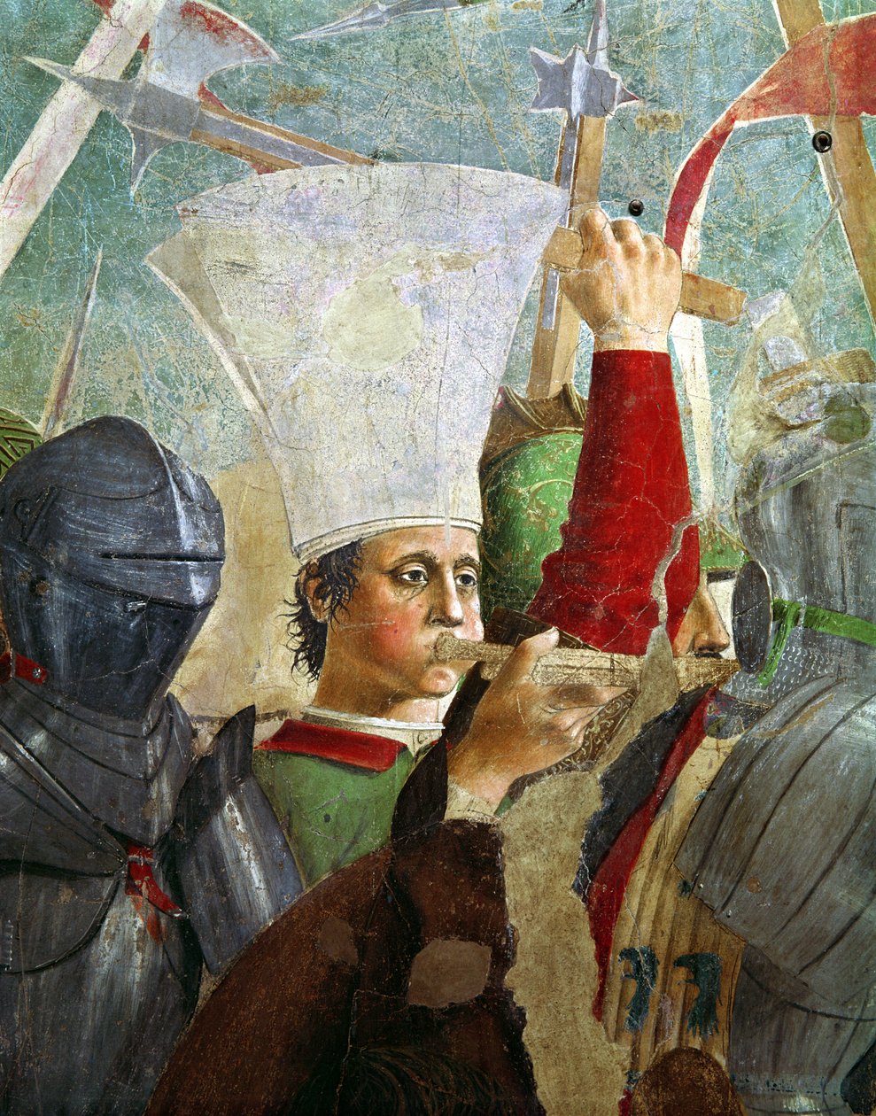 Trombitás, részlet a Hérakleiosz és Chosroes csatájából, az Igaz Kereszt legendája ciklusból, befejezve 1464-ben. alkotó: Piero della Francesca