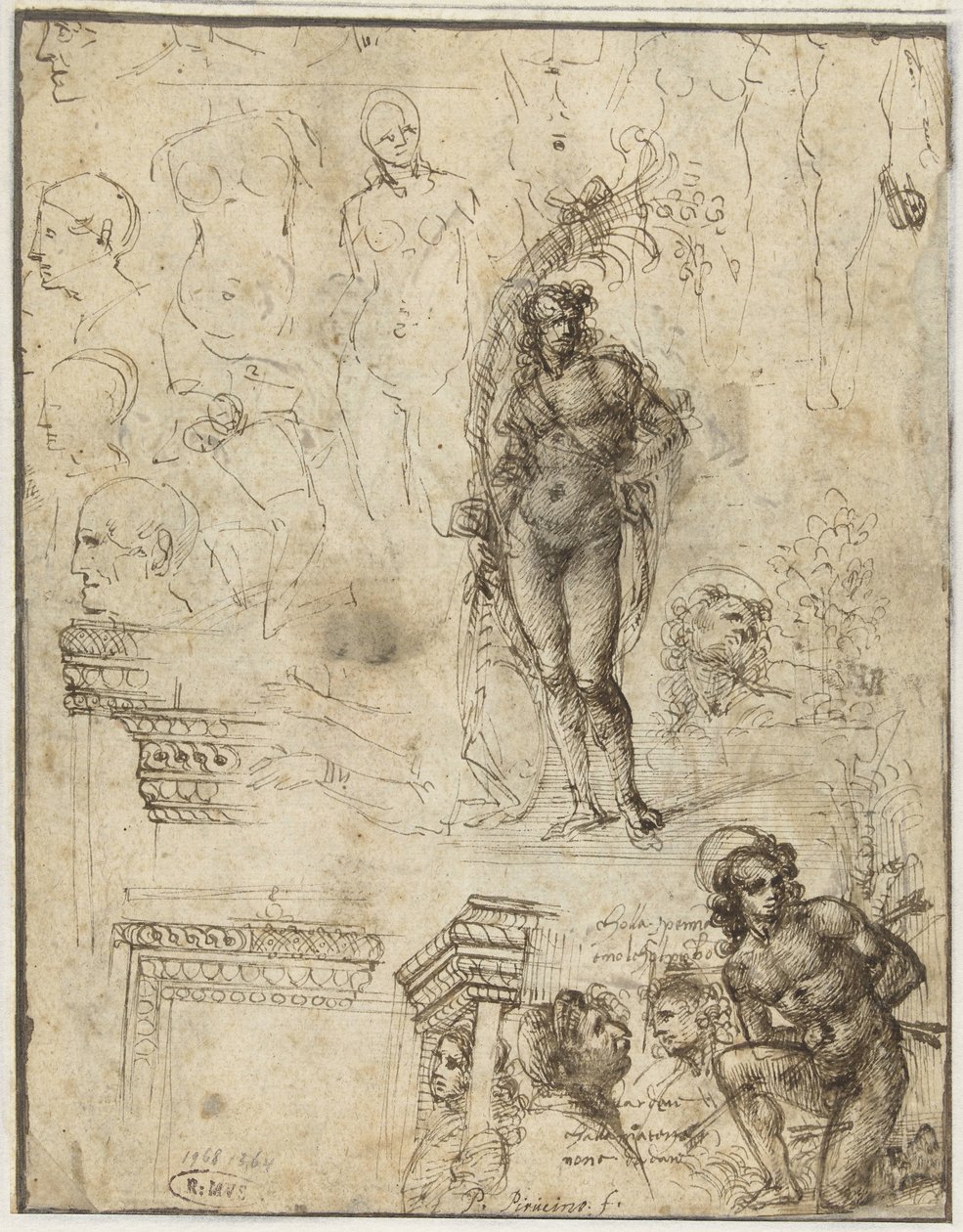 Tanulmánylap fejekkel, ábrákkal és építészeti töredékekkel Tanulmánylap fejekkel, figurákkal és építészeti töredékekkel alkotó: Piero di Cosimo (attributed to)