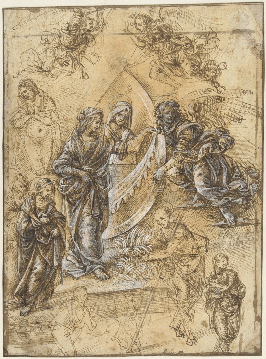 Tanulmánylap Szűz Máriával, szentekkel, angyalokkal és alakokkal a Mágusok imádásából alkotó: Piero di Cosimo (attributed to)