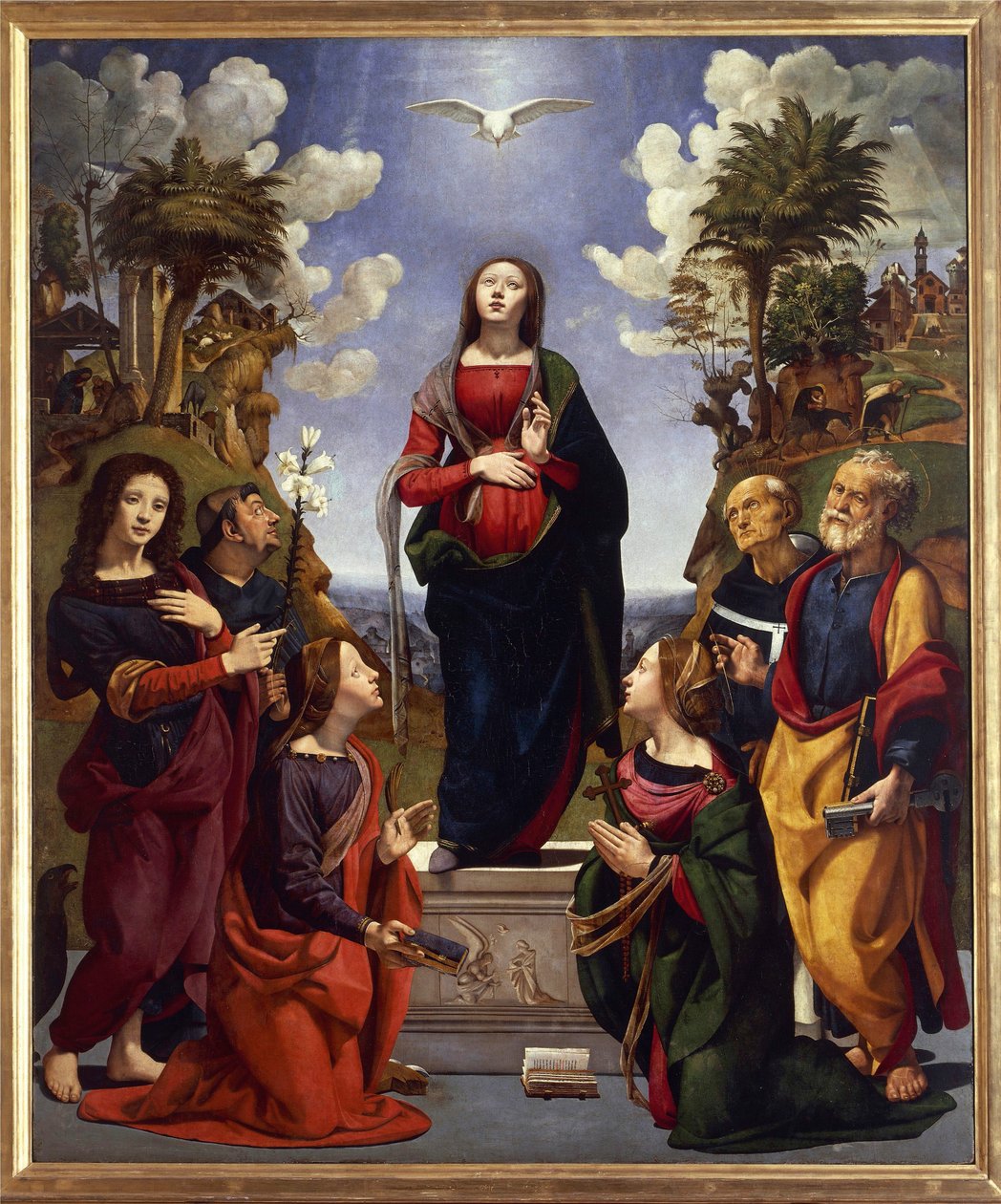 Szeplőtelen fogantatás szentekkel körülvéve, 1500-2005 körül (tempera grassa fán) alkotó: Piero di Cosimo