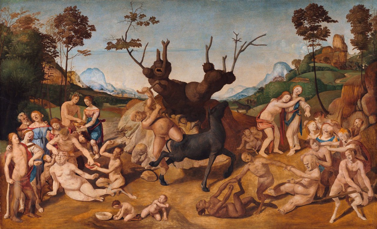 Olasz: Silenos története, jelenet: Silenus szerencsétlenségei alkotó: Piero di Cosimo