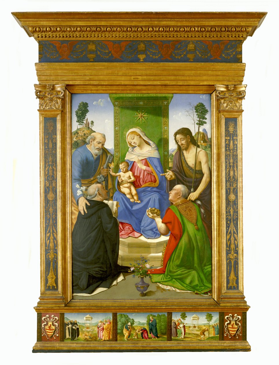 Madonna és gyermeke trónoló Szent Péterrel, Keresztelő Szent Jánossal, Dominikánussal és Bari Miklóssal, 1481-85 körül (tempera és olaj, tábla) alkotó: Piero di Cosimo