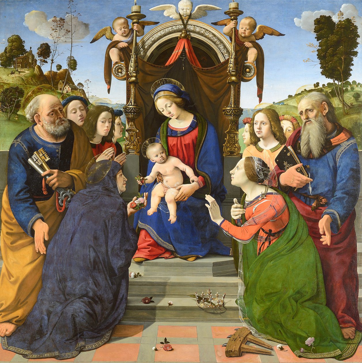 Madonna a gyermekével, Szent Péterrel, János evangélistával, Magyar Erzsébettel (), Alexandriai Katalinnal és angyalokkal. alkotó: Piero di Cosimo