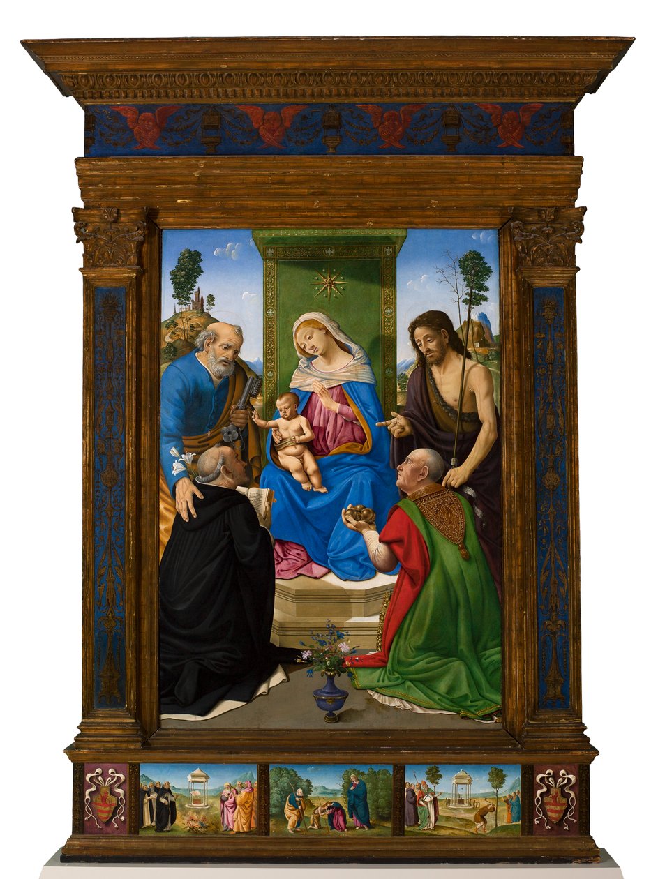 Trónoló Madonna gyermekével, Szent Péterrel, Keresztelő Szent Jánossal, Szent Domonkossal és Bariból való Szent Miklóssal alkotó: Piero di Cosimo