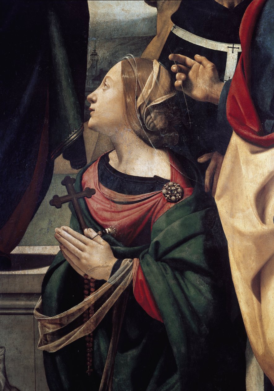 Antiochiai Szent Margarita, a szeplőtelen fogantatás részlete, 6 szenttel körülvéve. (Olaj, vászon, 1505 körül) alkotó: Piero di Cosimo