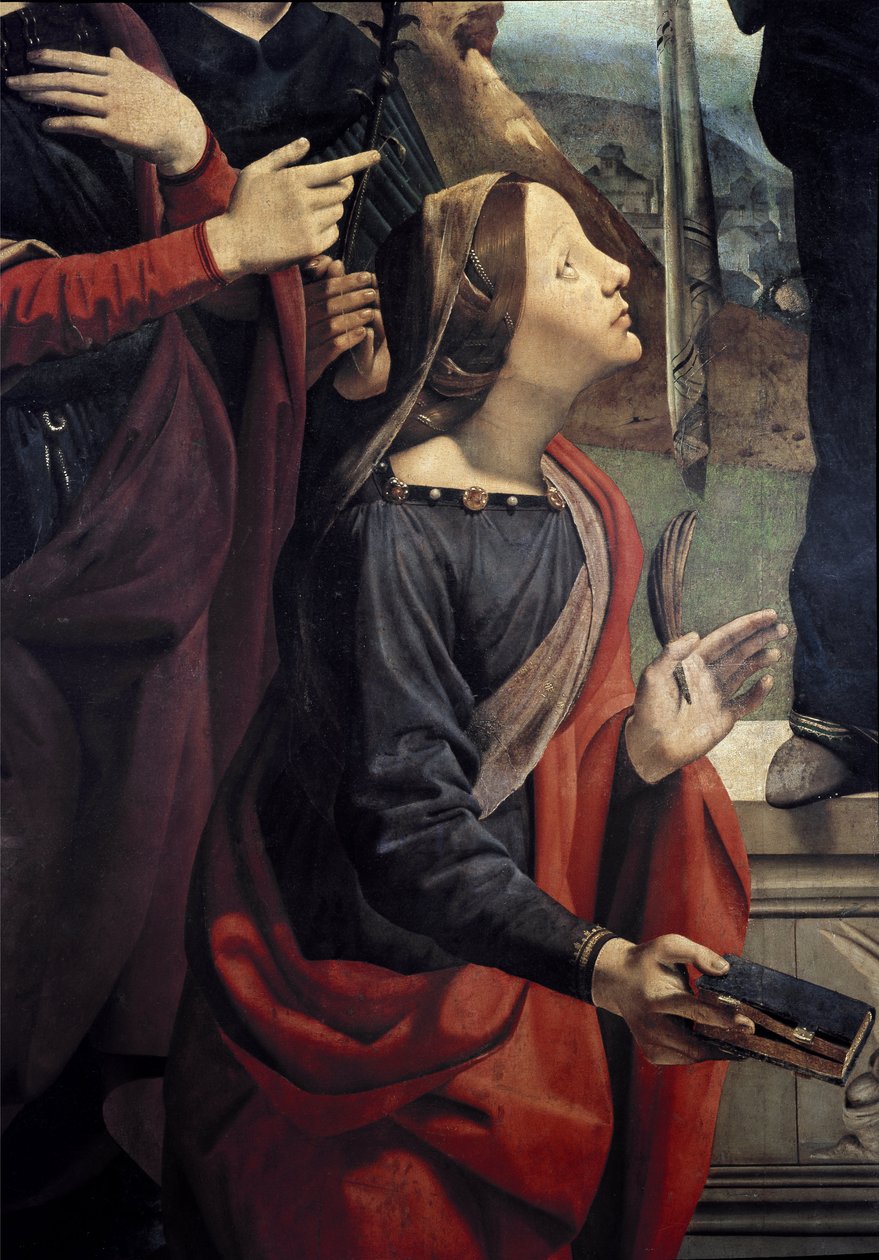 Alexandriai Szent Katalin, a szeplőtelen fogantatás részlete, 6 szenttel körülvéve. (Olaj, vászon, 1505 körül) alkotó: Piero di Cosimo