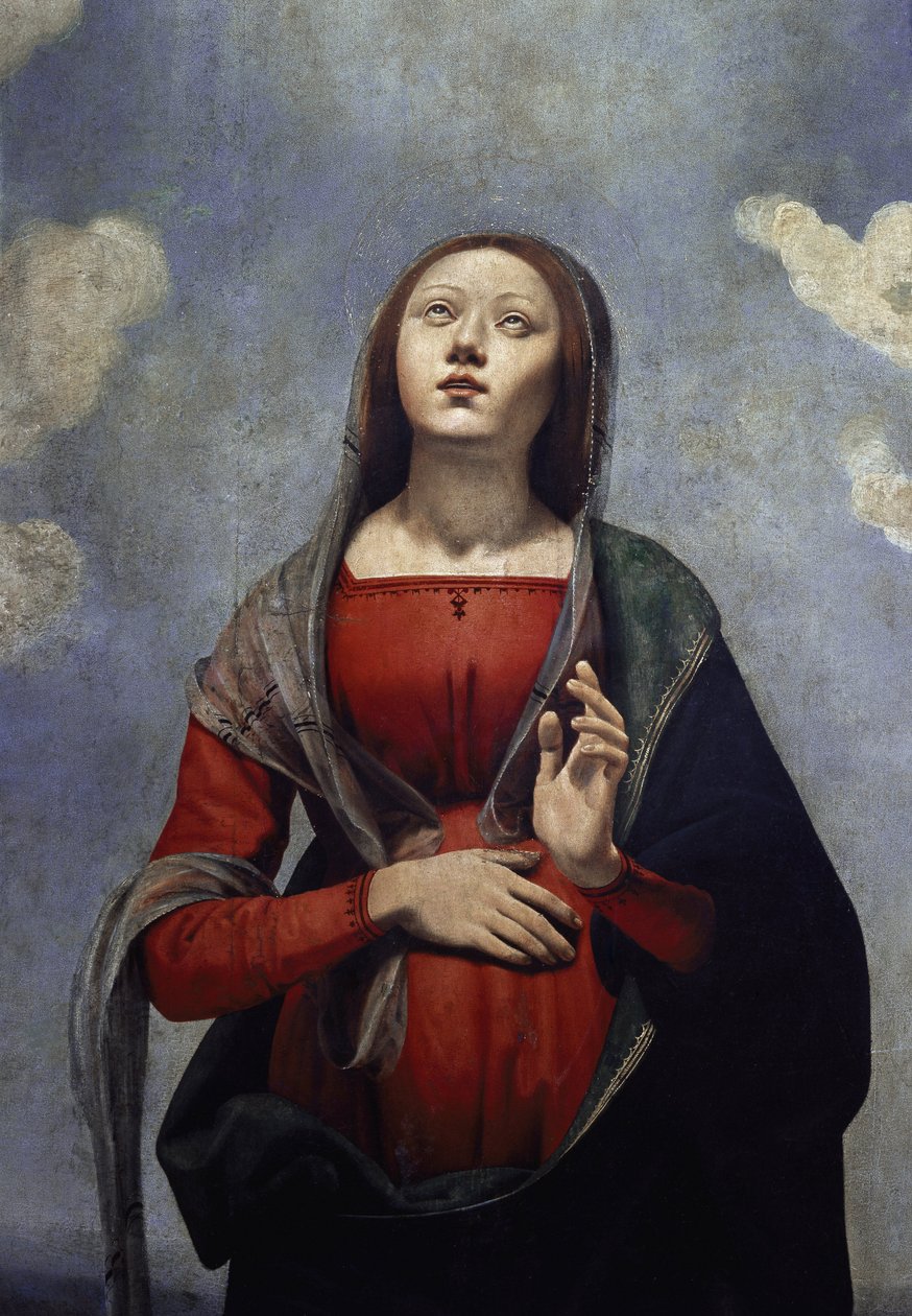 Szűz Mária felette a Szentlélek galambjával, körülötte hat szent. részlet (olaj, vászon, 1505 körül) alkotó: Piero di Cosimo