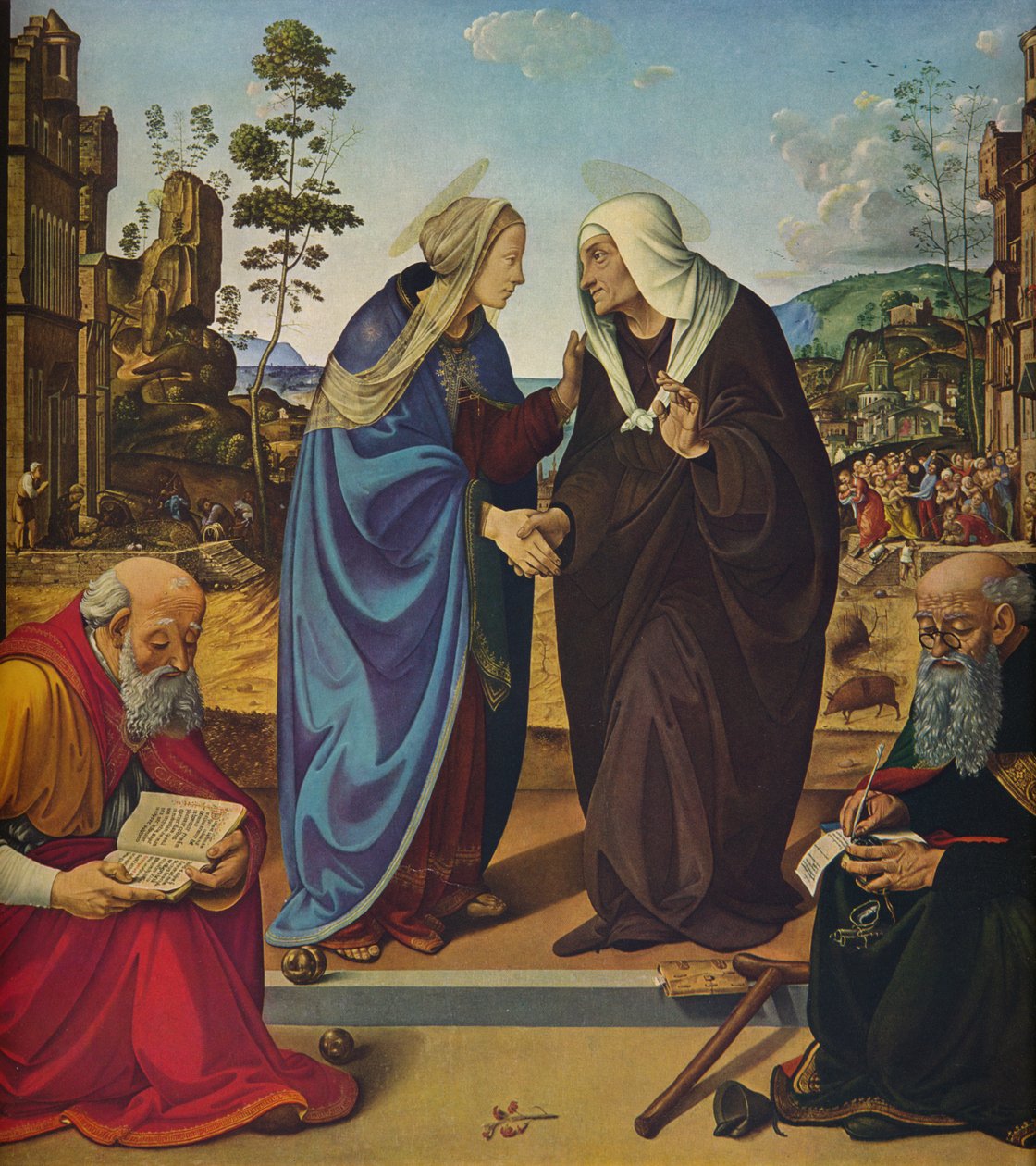 A látogatás Szent Miklóssal és Anthony Abbottal, 1489-1490 alkotó: Piero di Cosimo