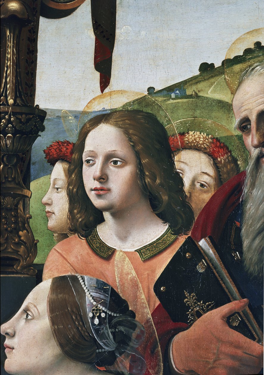 Szűz és gyermek a trónon szentekkel körülvéve, részlet (olaj és tempera a táblán, 1493 körül) alkotó: Piero di Cosimo