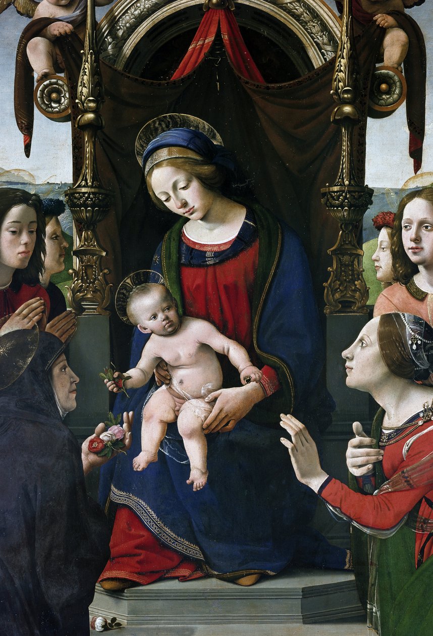 Szűz és gyermek a trónon szentekkel körülvéve, részlet (olaj és tempera a táblán, 1493 körül) alkotó: Piero di Cosimo