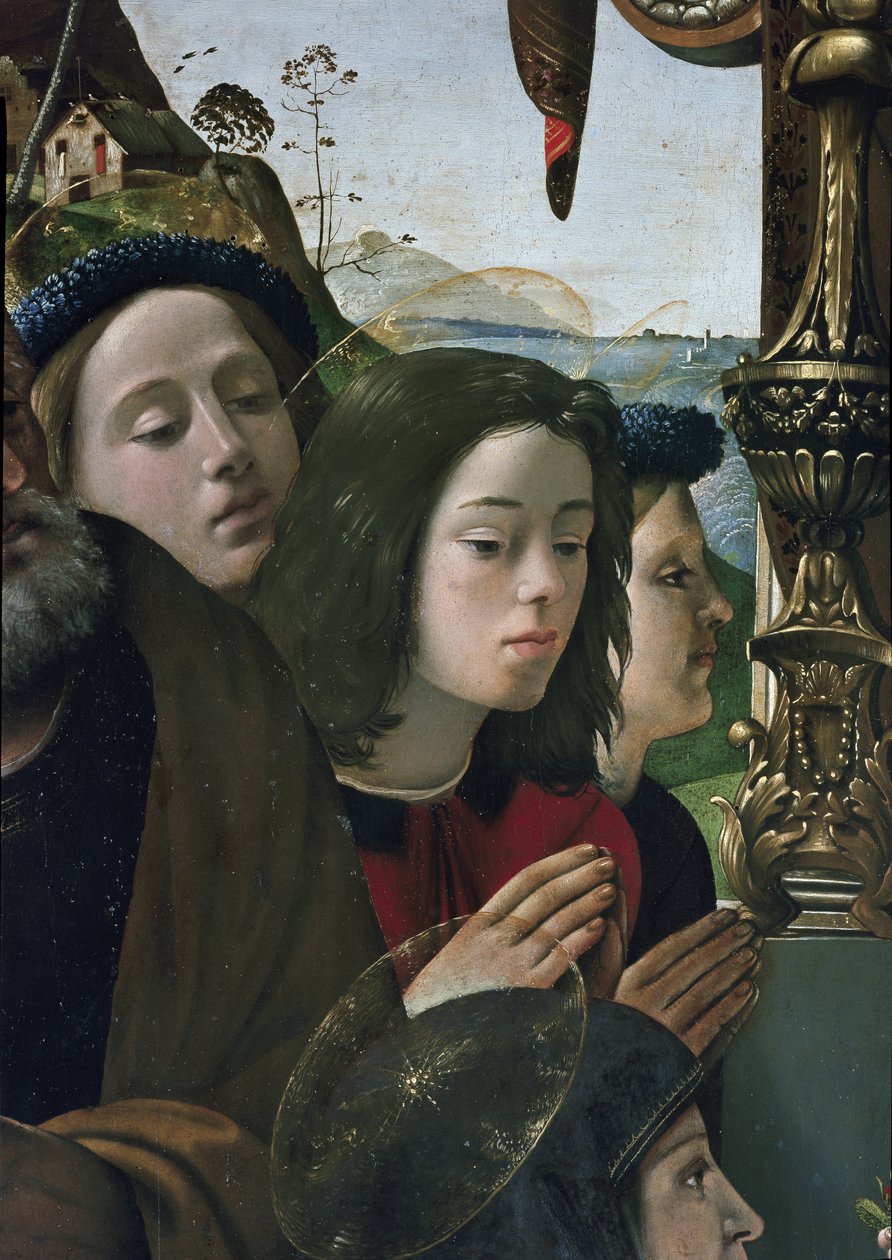 Szűz és gyermek a trónon szentekkel körülvéve, részlet (olaj és tempera a táblán, 1493 körül) alkotó: Piero di Cosimo