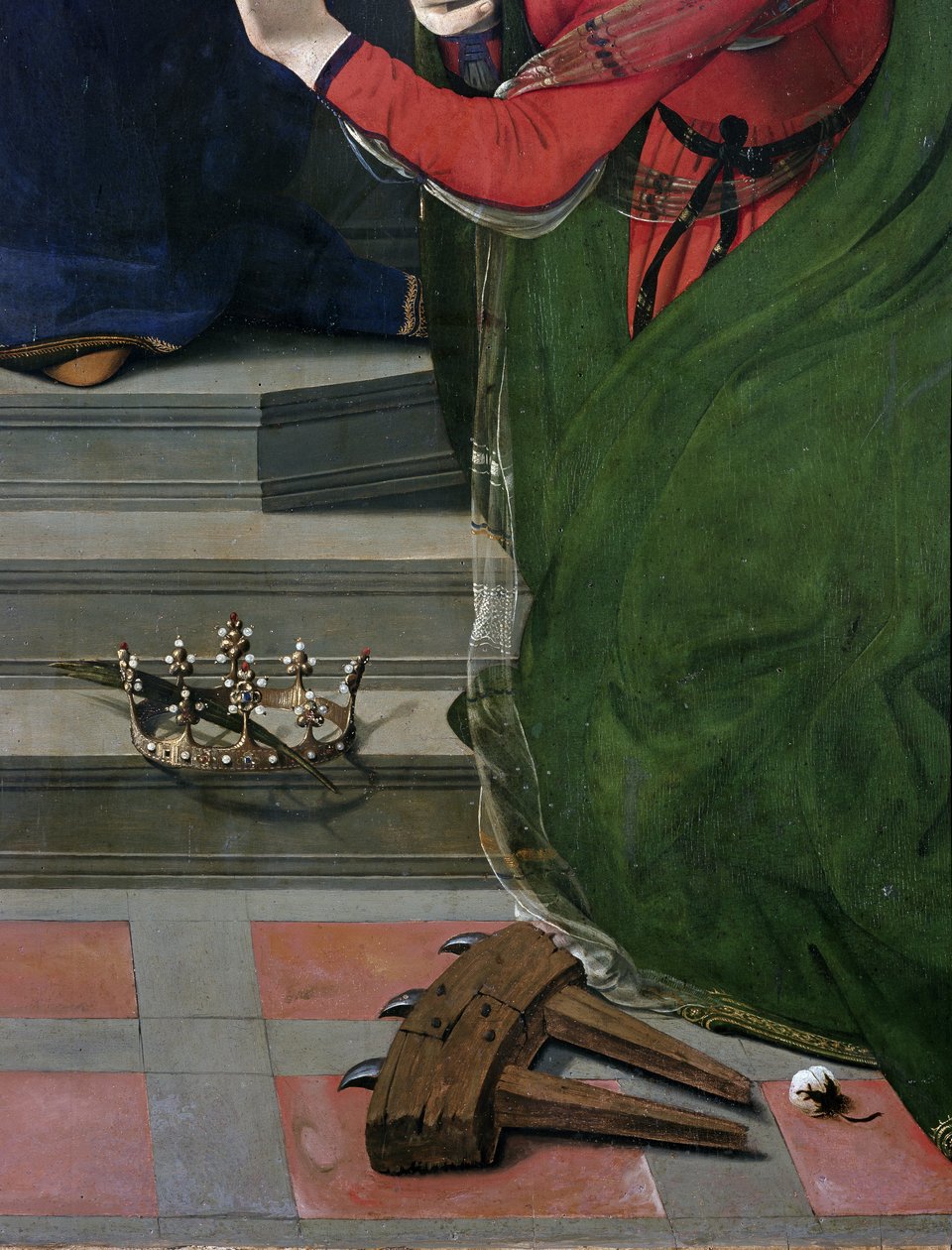 Szűz és gyermek a trónon szentekkel körülvéve, részlet (olaj és tempera a táblán, 1493 körül) alkotó: Piero di Cosimo