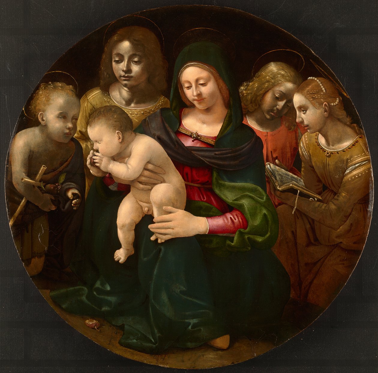 Szűz Mária és gyermeke a fiatal Keresztelő Szent Jánossal, Szent Cecília és angyalok társaságában alkotó: Piero di Cosimo