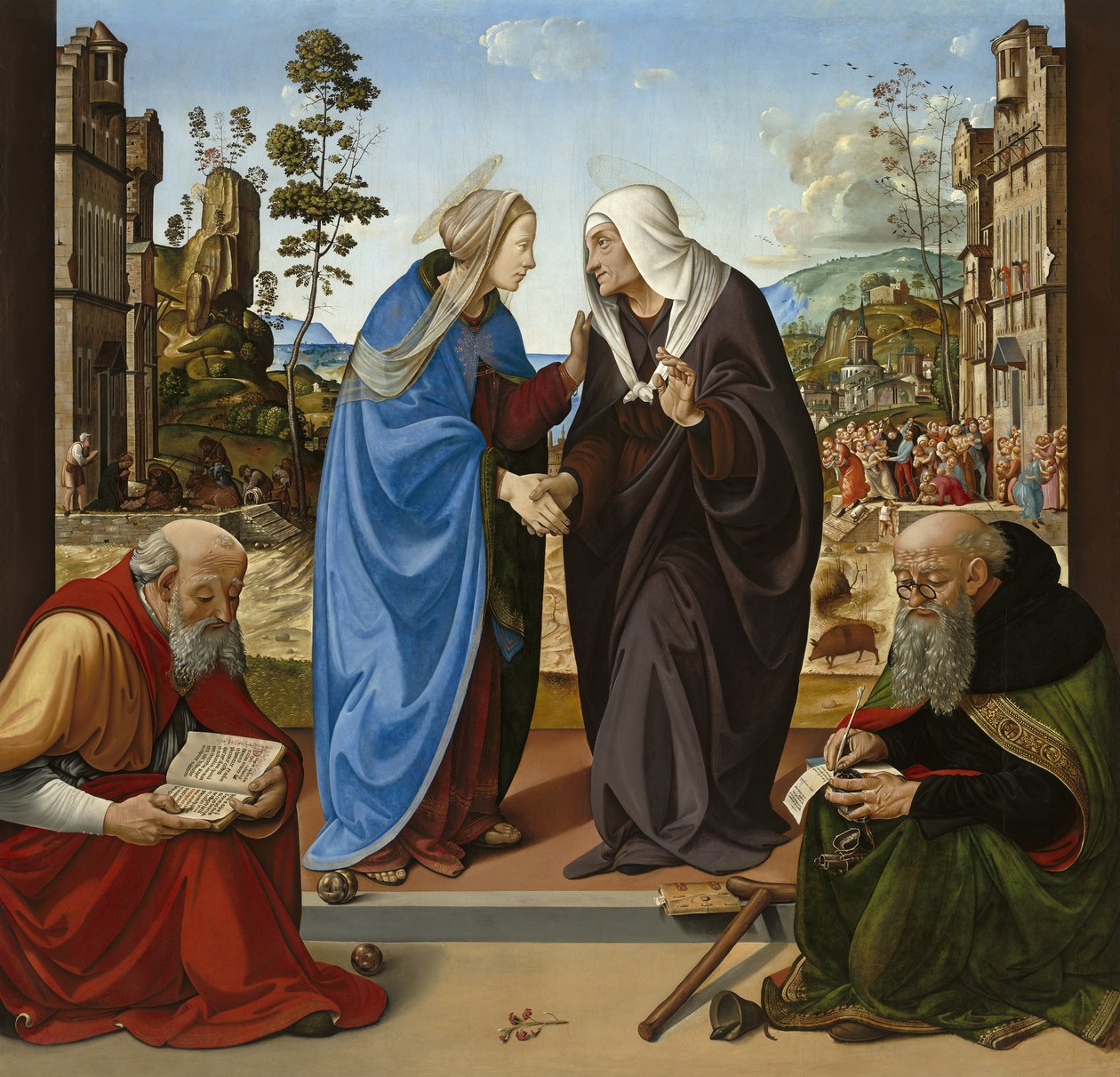 Látogatás Szent Miklóssal és Szent Antal apáttal, 1490 körül (olaj, tábla) alkotó: Piero di Cosimo