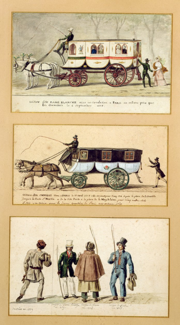 Egy Dame Blanche kocsi, egy omnibusz és sofőrök, 1815-30 alkotó: Pierre Antoine Lesueur