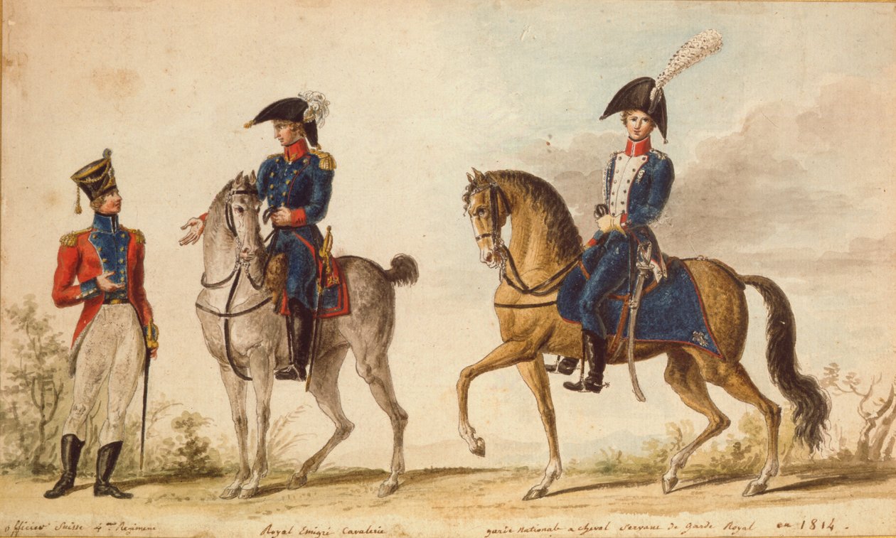 A 4. ezred svájci tisztje, a királyi emigráns lovasság lovasa és lovas nemzeti gárda, 1814 (gouache) alkotó: Pierre Antoine Lesueur
