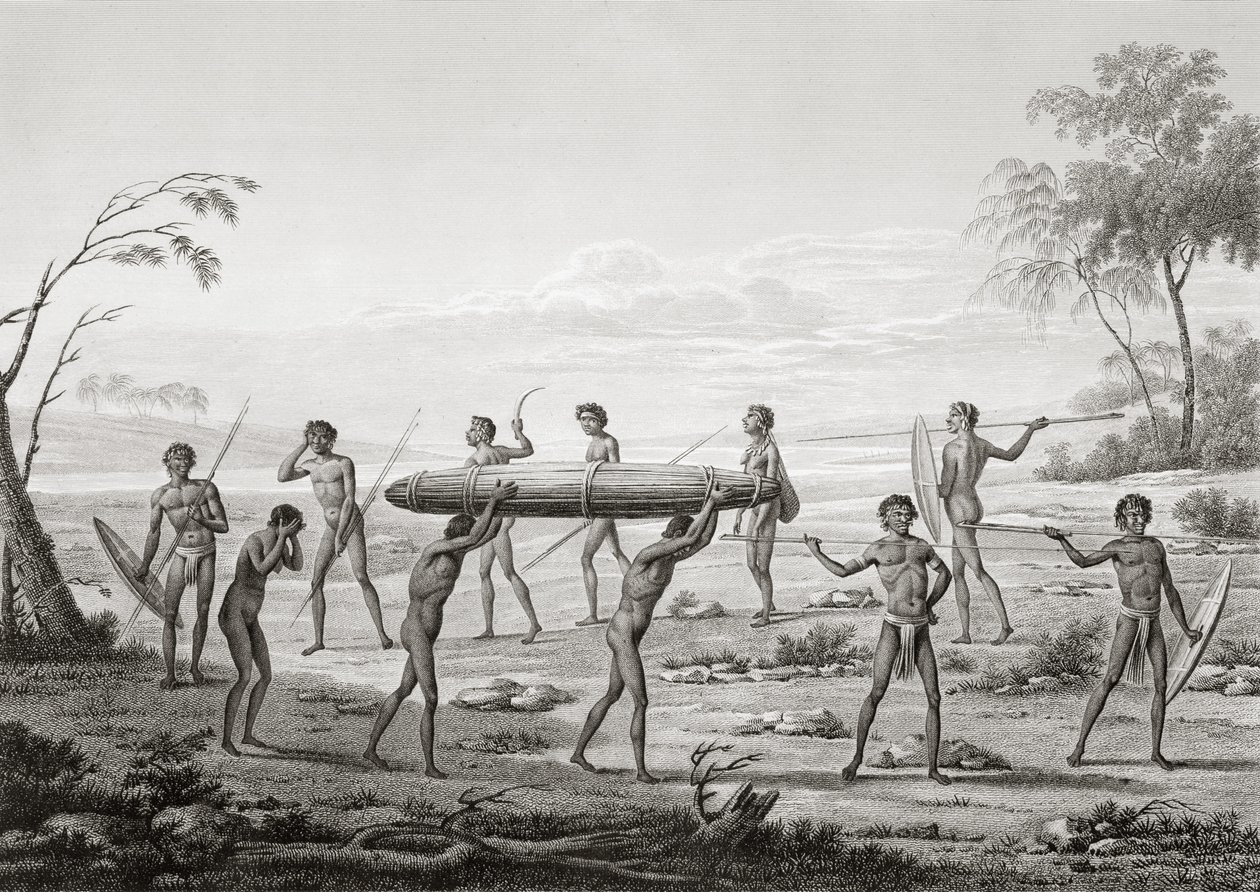 Port Jackson, New Holland: Őslakosok temetési szertartása, a „Voyage Autour du Monde (1817-20)”-ból, Louis Claude Desaulses de Freycinet (1779-1842) vésette Lerouge és Villerey, megjelent 1822-24 ( alkotó: Pierre Antoine Marchais