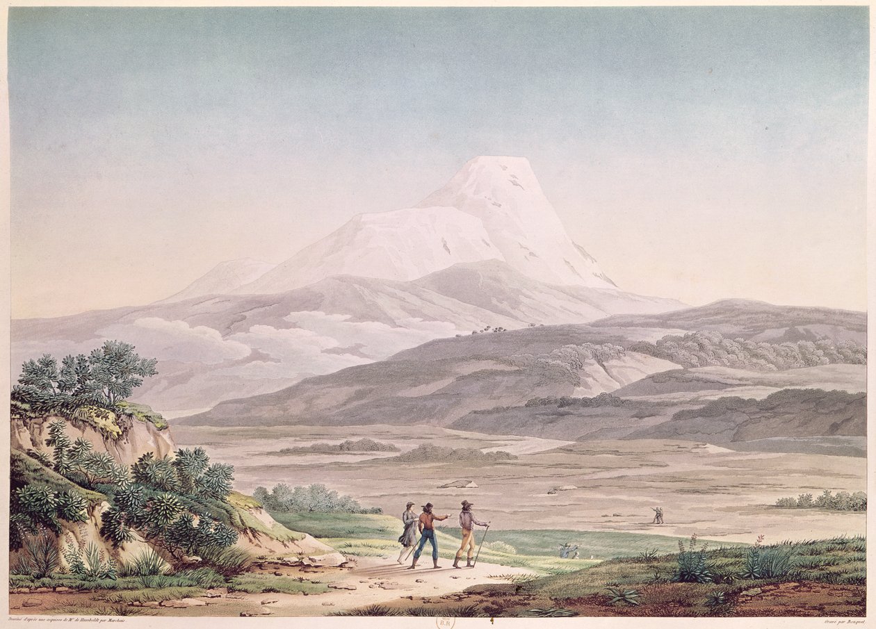 Cajambe látképe, Alexander de Humboldt (1769-1859) „Voyages aux Regions Equinoxiales du Nouveau Continent” című művéből, Michel Bouquet (1807-90) metszetében, 1814-ben megjelent alkotó: Pierre Antoine Marchais