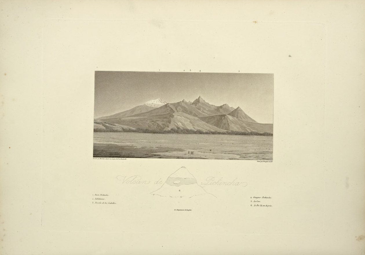 Pichincha vulkánjai, Bouquet gravírozása, illusztráció a "Kordillerák és Amerika őslakosainak emlékművei" című filmből, Alexander von Humboldt és Aime Bonpland, 1813 alkotó: Pierre Antoine Marchais