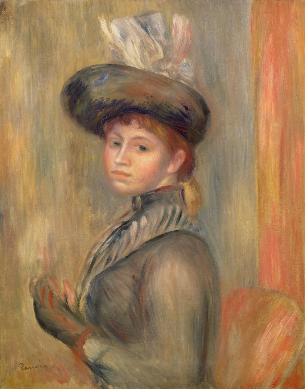 Lány szürke-kékben, kesztyűt vesz fel, 1889 körül alkotó: Pierre Auguste Renoir