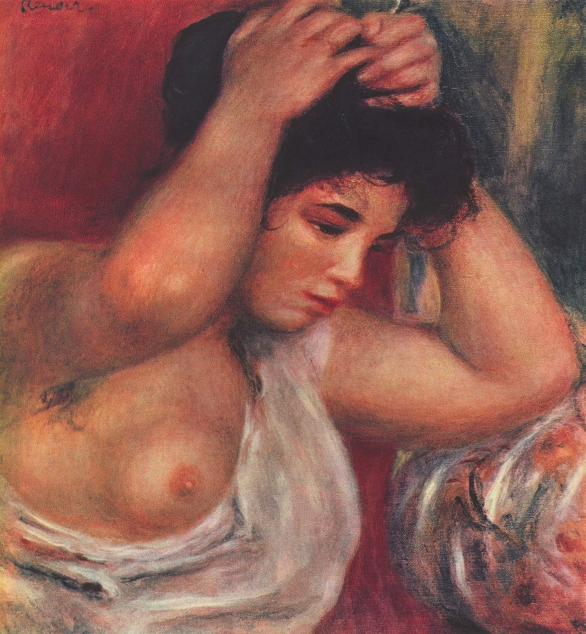 Fiatal nő csinál a haját alkotó: Pierre Auguste Renoir