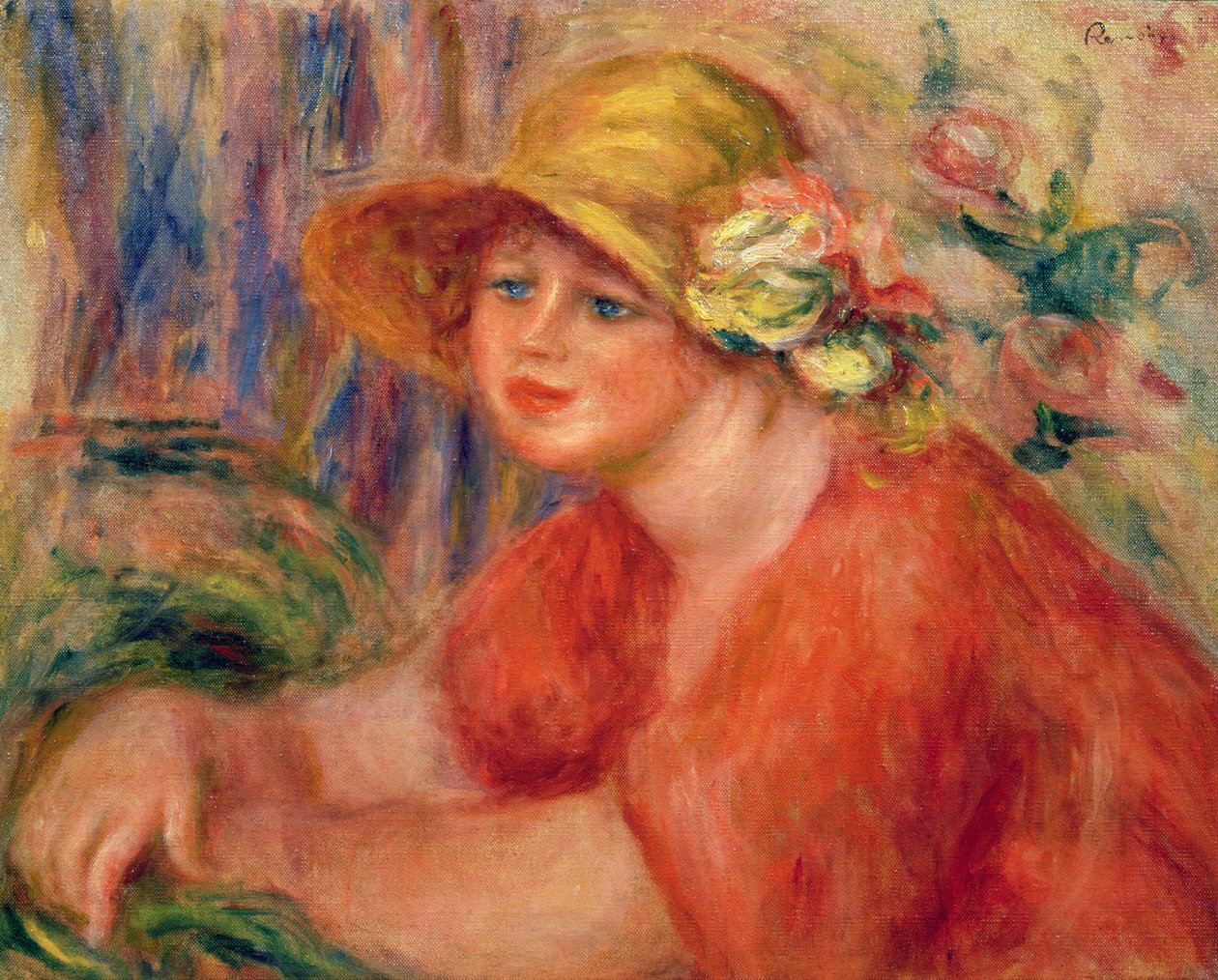 Virágokkal díszített kalapos nő portréja alkotó: Pierre Auguste Renoir