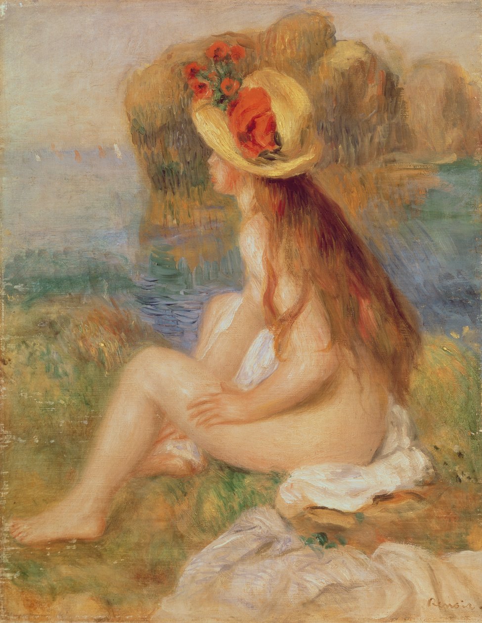Ülő női fürdőző szalmakalapban alkotó: Pierre Auguste Renoir