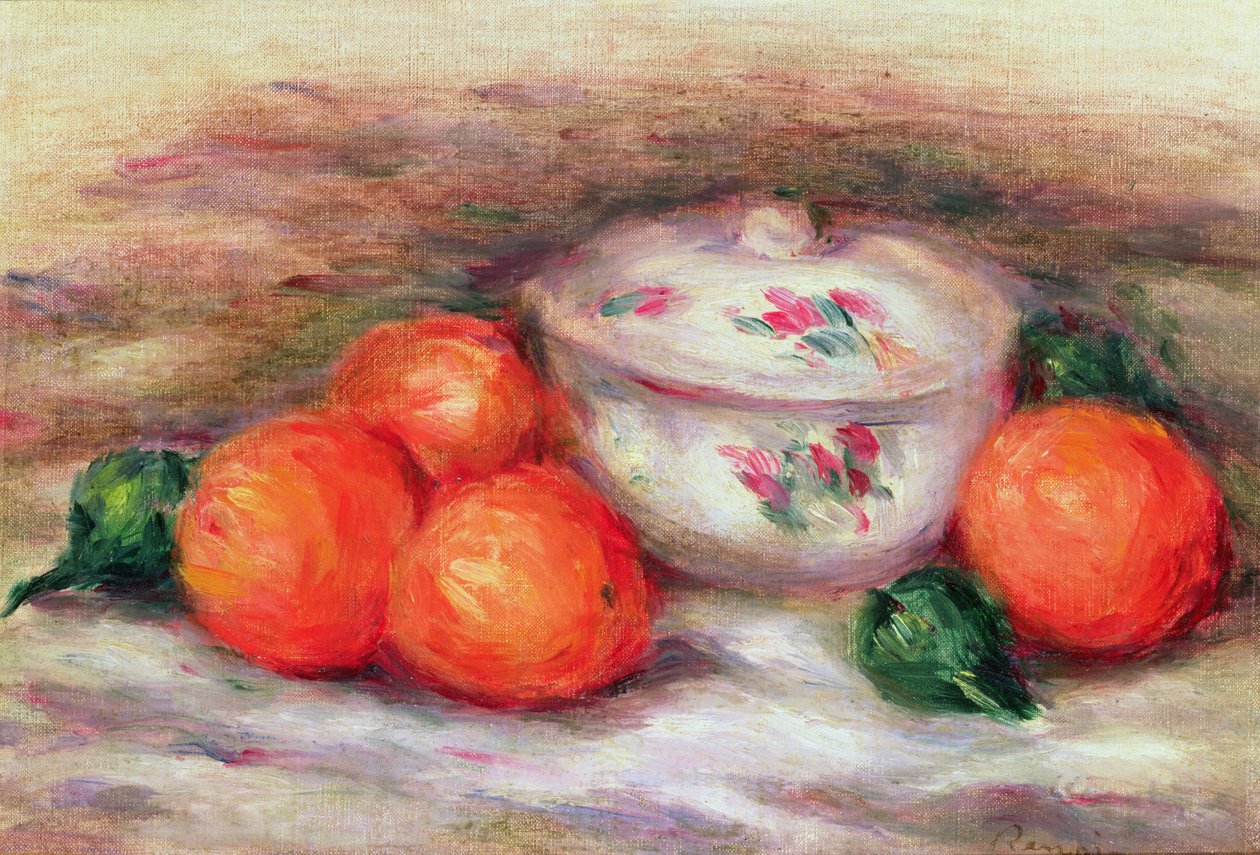 Csendélet fedett edénnyel és naranccsal alkotó: Pierre Auguste Renoir